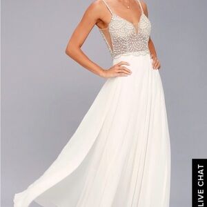 Lulu's White and Silver Beaded Prom Dress